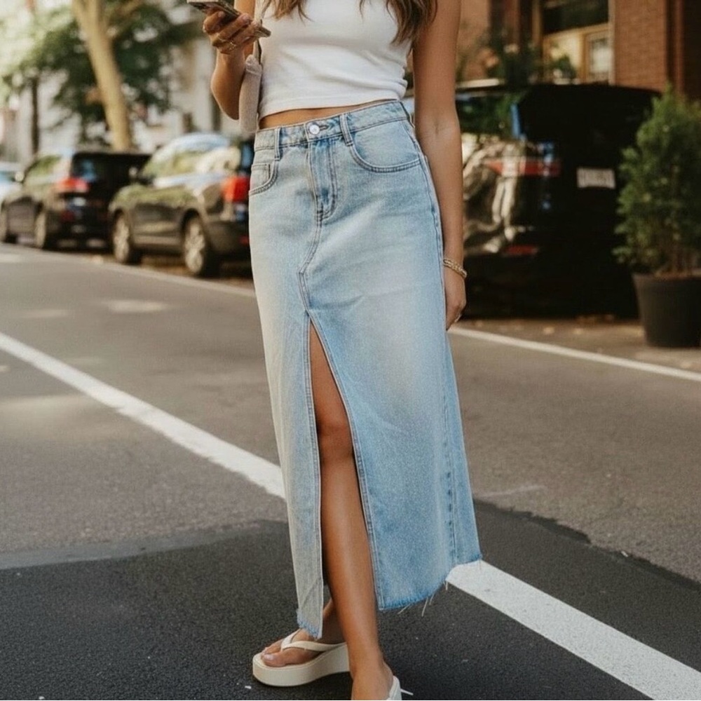 PARKE Light Blue Denim Midi long Skirt with Front Slit